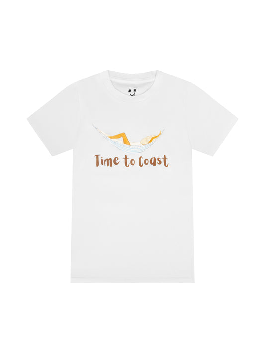White laydown of a woman's t-shirt in organic cotton made in USA. Homegrown t-shirt with a large front graphic of a woman in a hammock, just chillin and a Time to Coast Logo.