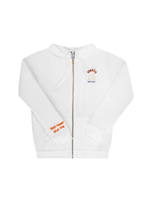 Laydown showing the front of the White Florida Fleece Zip Front Hoodie. The Coastie Manatee graphic, white manatee and orange. Large graphic on back with small left chest graphic. One sleeve has the words where summer never ends.