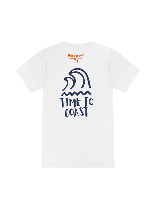 White laydown of the back of the Swell wave graphic tee. Showing the large back graphic with surf waves in navy and Time to Coast logo . Unisex Homegrown organic cotton tee made in the USA.
