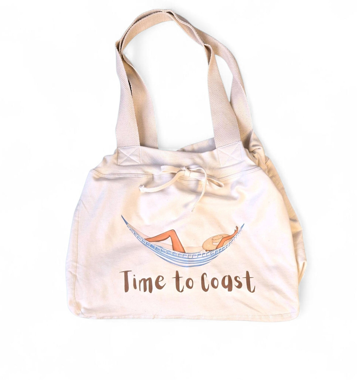 Laydown of The Florida Fleece Hobo Beach Bag, with drawstring closure. Creme colored with Time to Coast Do not disturb graphic of a woman in a hammock. Blue and brown colors.