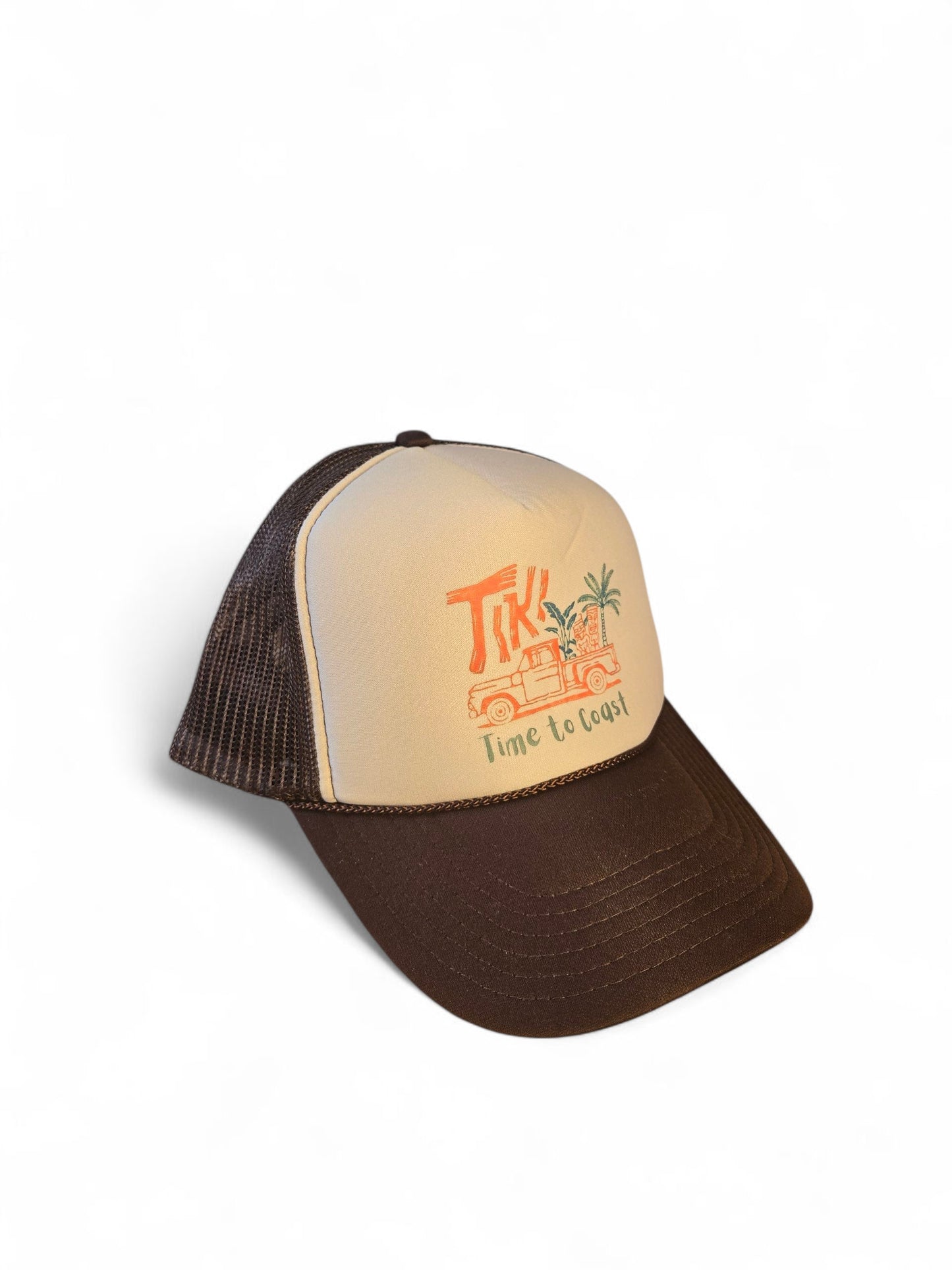 Side view laydown a foam high profile trucker hat. Graphic is printed with Time to Coast Tiki Truck. Hat color is beige and brown with a brown mesh back.