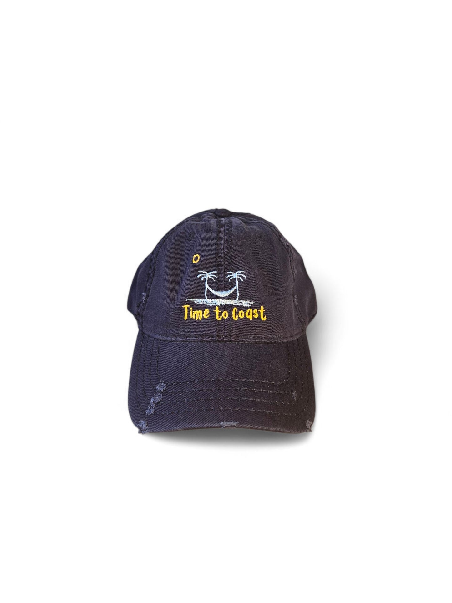 Front laydown of the distressed dad hat in navy. Embroidered graphic of the Time to Coast palm tree logo in light blue, yellow time to coast and sun