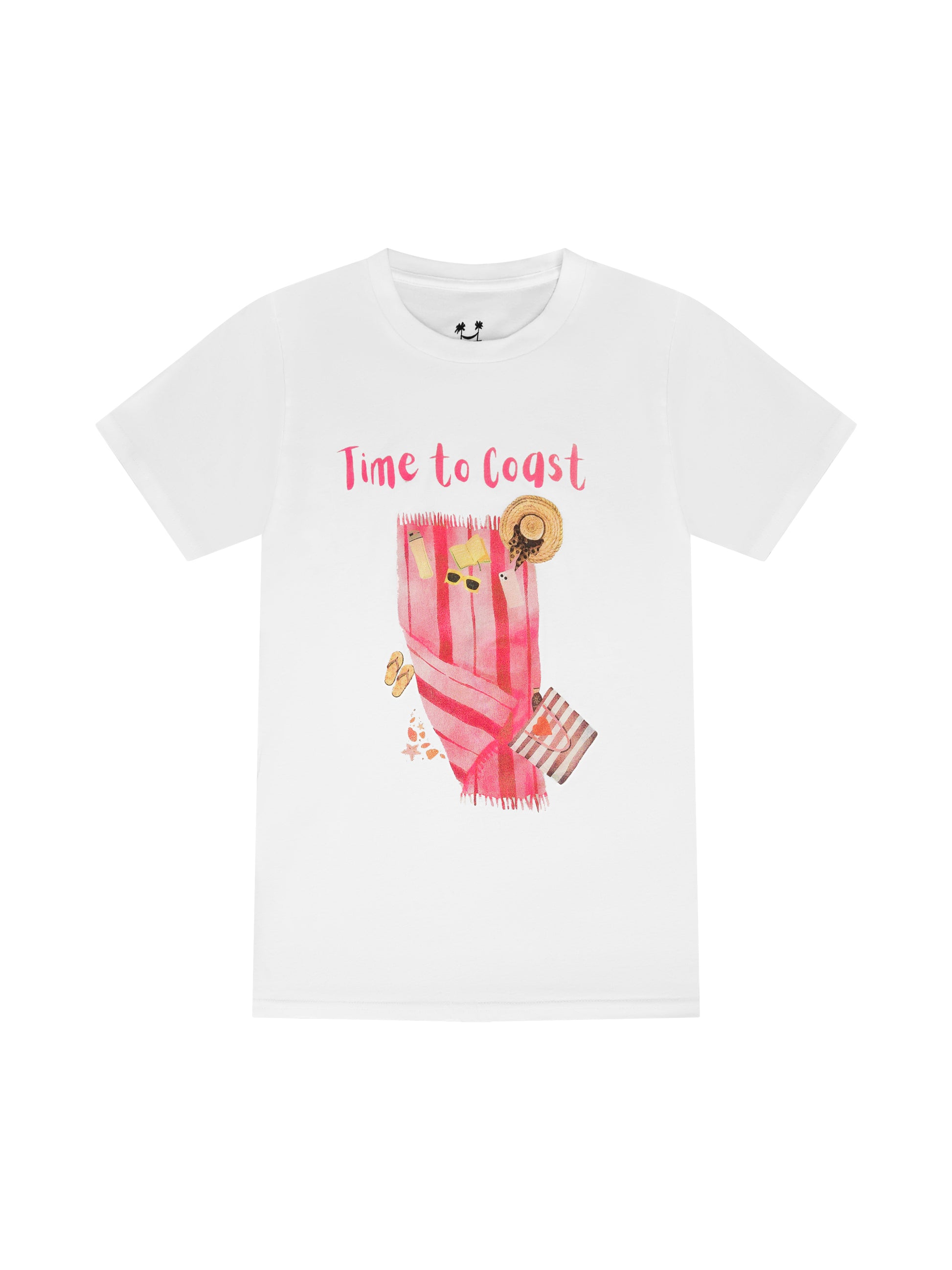 White laydown of a graphic t-shirt in organic cotton made in USA.  Homegrown t-shirt with large front colorful graphic of beach towel and beach essentials; hats, sunglasses, water bottle, bag and Time to Coast Logo.  