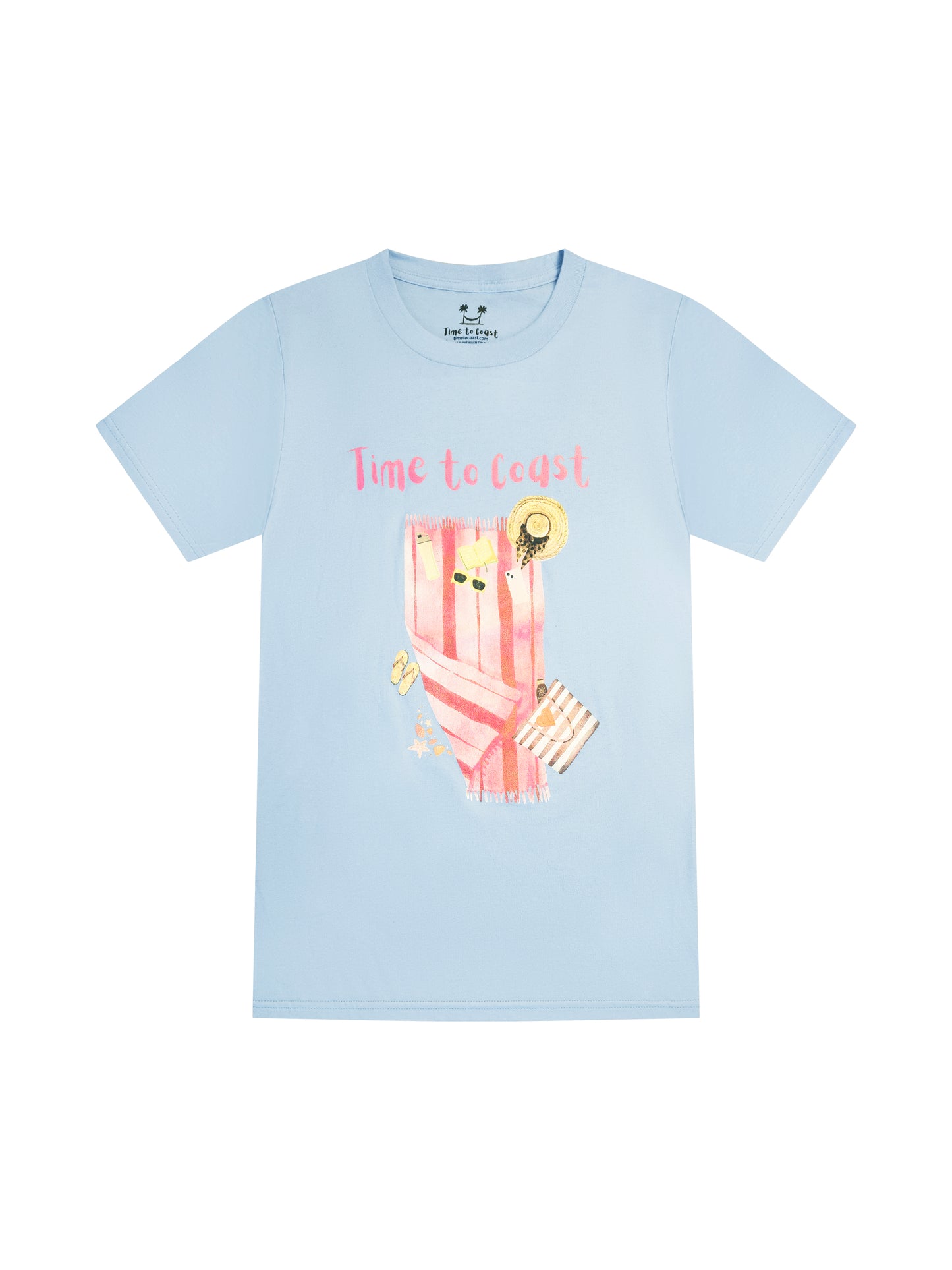 light blue laydown of a graphic  t-shirt in organic cotton made in USA.  Homegrown t-shirt with large front colorful graphic of beach towel and beach essentials; hats, sunglasses, water bottle, bag and Time to Coast Logo.  