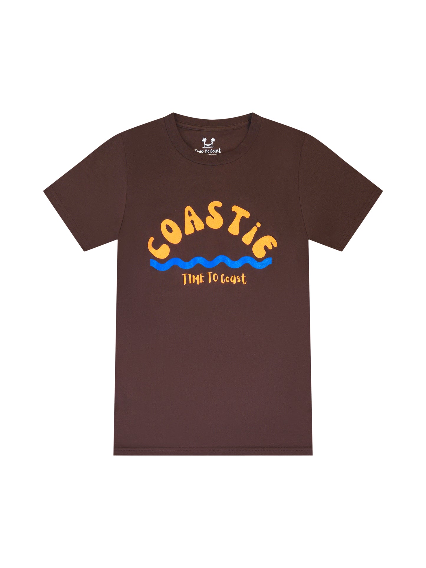 Bark or brown laydown of graphic  t-shirt in organic cotton made in USA. Homegrown t-shirt with large graphic, of the word Coastie in orange with blue waves at the bottom. Small Time to Coast Logo in Orange. 