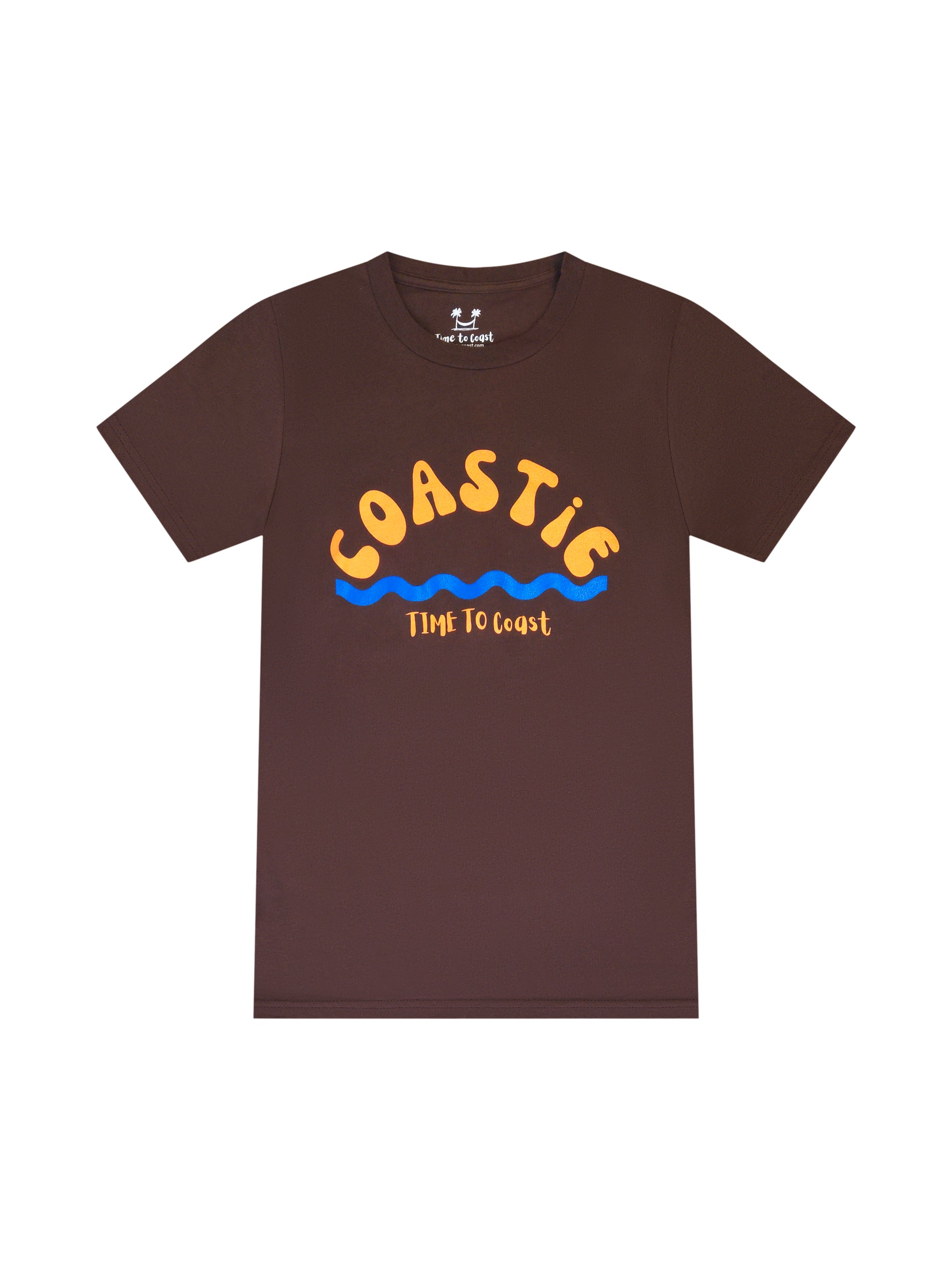 Bark or brown laydown of graphic  t-shirt in organic cotton made in USA. Homegrown t-shirt with large graphic, of the word Coastie in orange with blue waves at the bottom. Small Time to Coast Logo in Orange. 