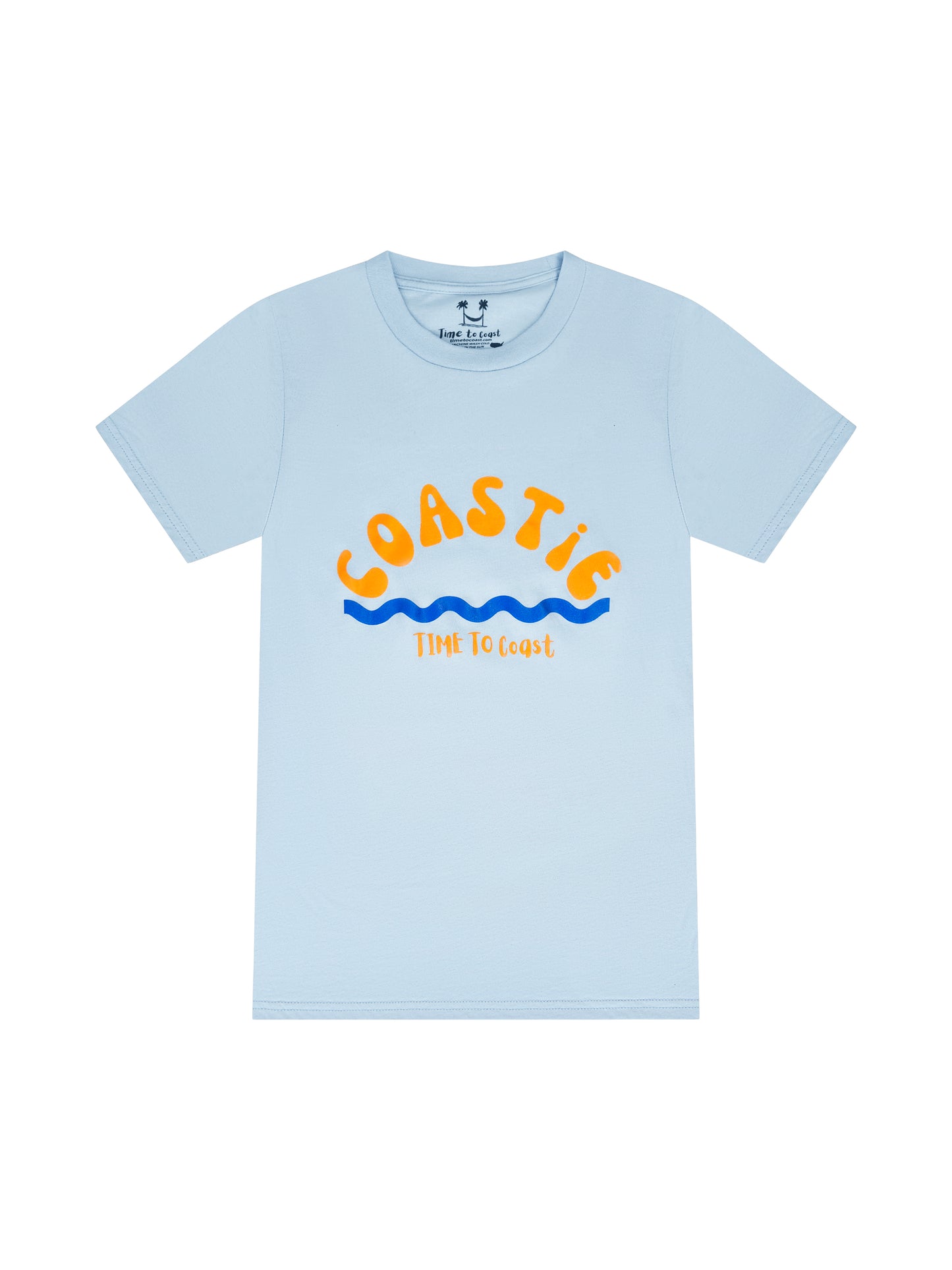 Light blue laydown of graphic  t-shirt in organic cotton made in USA. Homegrown t-shirt with large graphic, of the word Coastie in orange with blue waves at the bottom. Small Time to Coast Logo in Orange. 