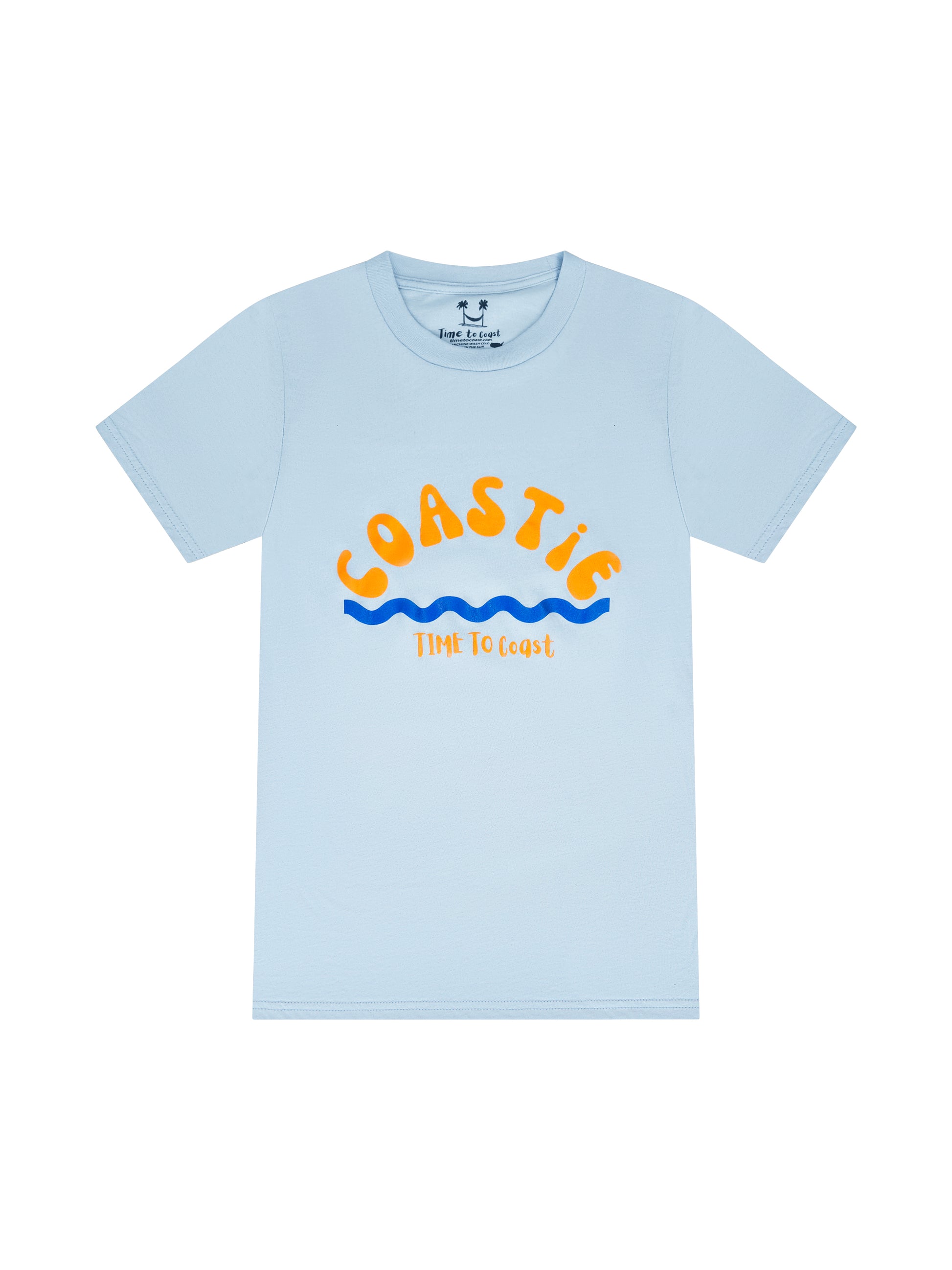 Light blue laydown of graphic  t-shirt in organic cotton made in USA. Homegrown t-shirt with large graphic, of the word Coastie in orange with blue waves at the bottom. Small Time to Coast Logo in Orange. 