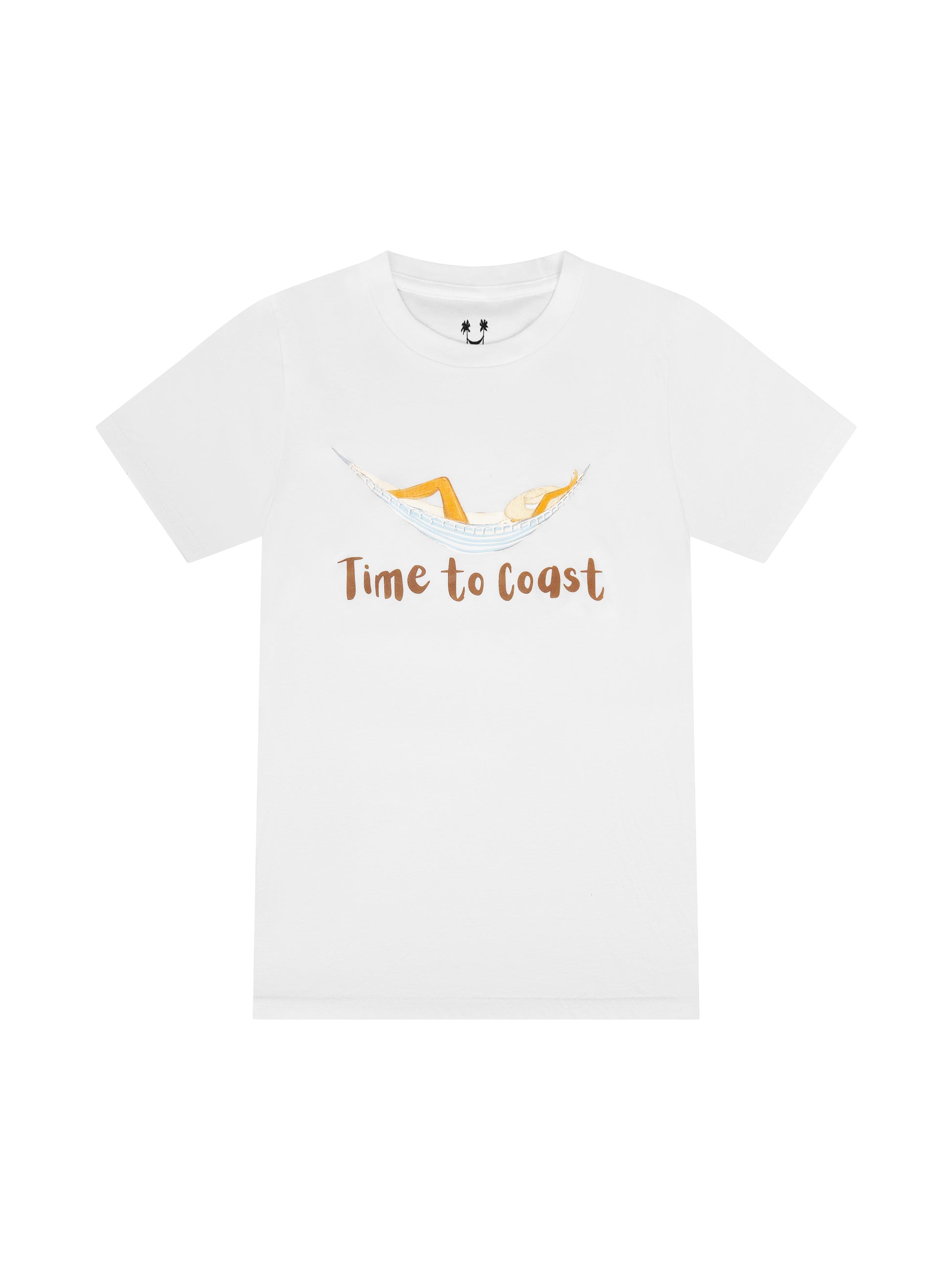 White laydown of  a woman's  t-shirt in organic cotton made in USA. Homegrown t-shirt with a large front graphic of a woman in a hammock, just chillin and a Time to Coast Logo. 