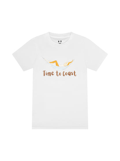 White laydown of  a woman's  t-shirt in organic cotton made in USA. Homegrown t-shirt with a large front graphic of a woman in a hammock, just chillin and a Time to Coast Logo. 