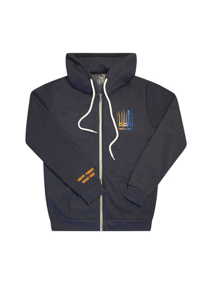 Laydown of the Blue Indigo Florida Fleece Zip Front Hoodie.  Front view showing t small left chest graphic and the sleeve print.  The board meeting surf and sup boards in multi colors. Large graphic on back with small left chest graphic.  One sleeve has the words where summer never ends.