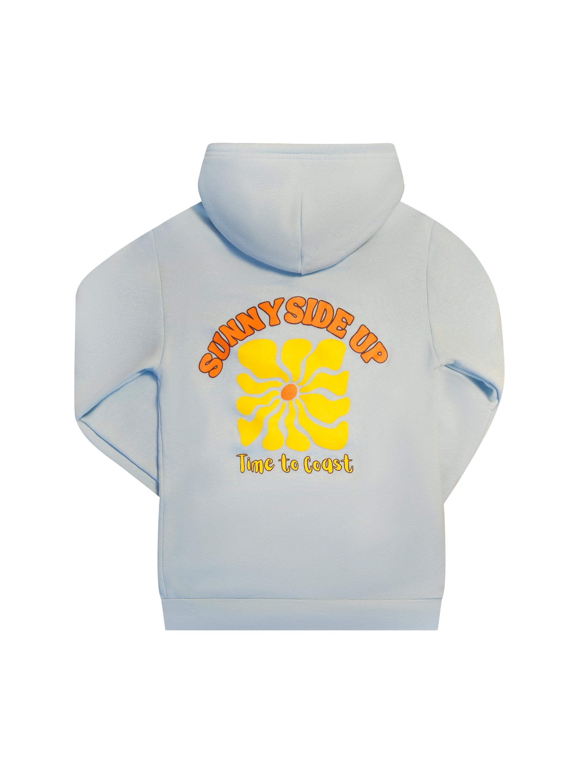 Laydown of the Light Blue Florida Fleece Zip Front Hoodie.  The graphic is the Time to Coast Sunnyside Up Sun in orange and yellow. Large graphic on back with small left chest graphic.  One sleeve has the words where summer never ends