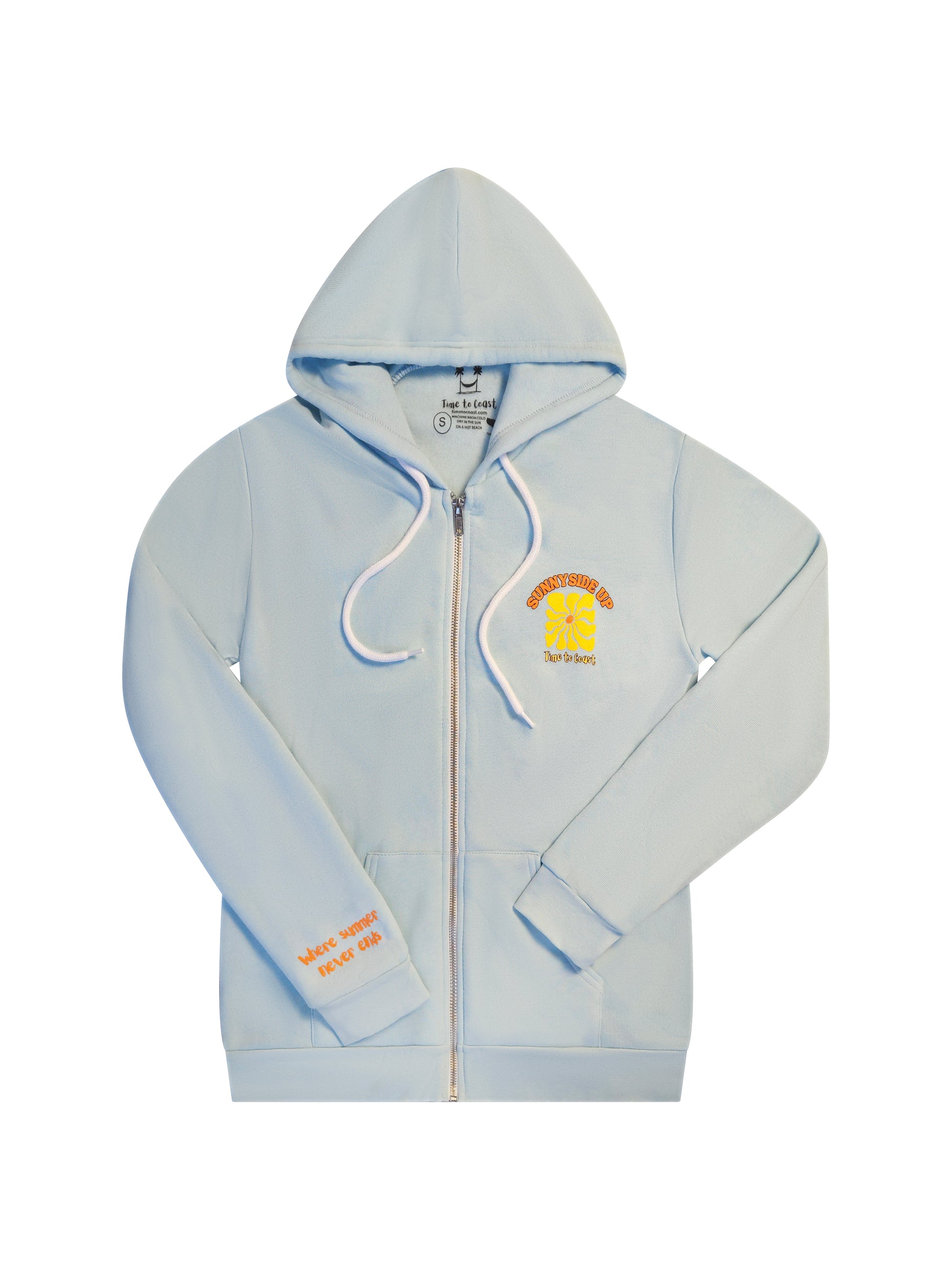 Laydown showing the front the light blue Florida Fleece Zip Front Hoodie.  The graphic is the Time to Coast Sunnyside Up Sun in orange and yellow. Large graphic on back with small left chest graphic.  One sleeve has the words where summer never ends