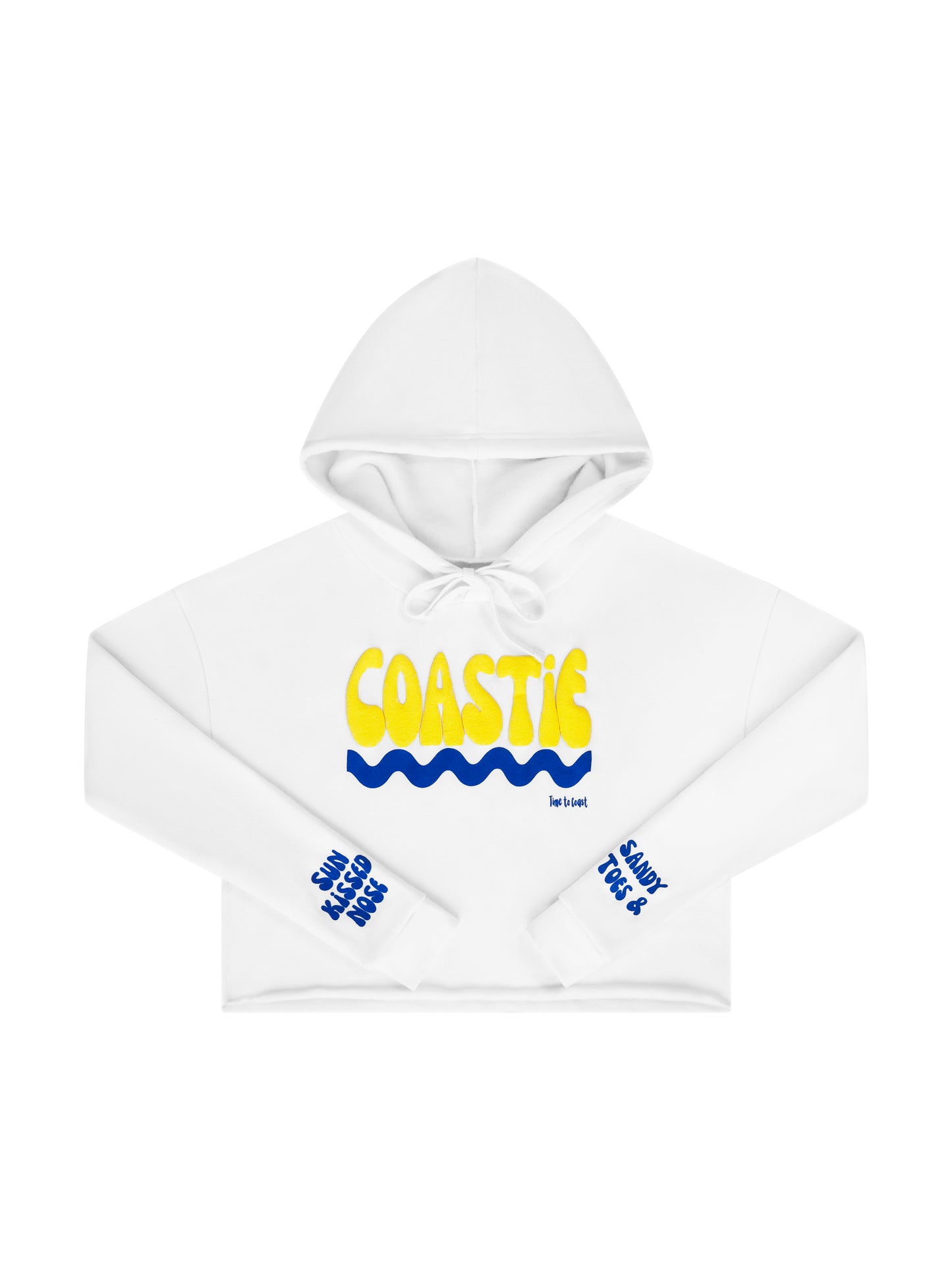 Laydown of a Florida Fleece White Cropped Hoodie Graphic Top.  Graphic is the Time to Coast Coastie Wave in yellow and blue.  Sleeves have blue words of sandy toes & sun kissed nose. 