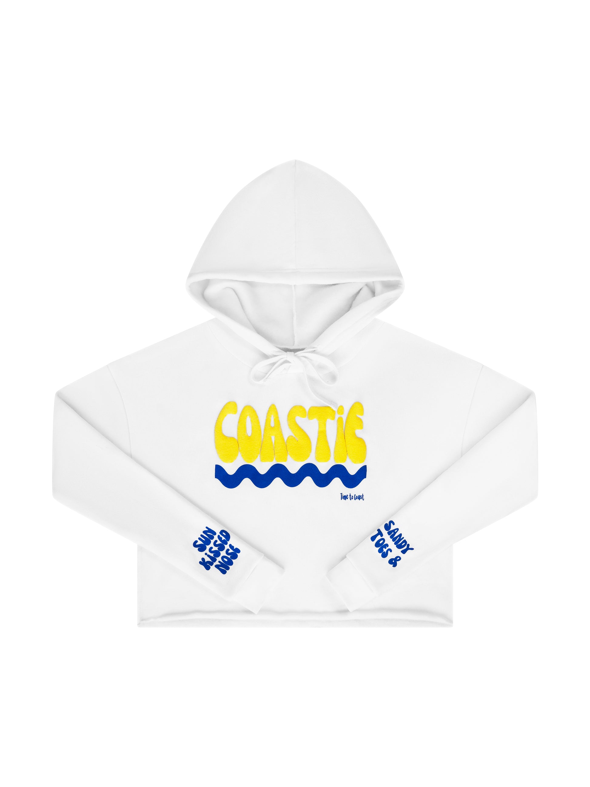 Laydown of a Florida Fleece White Cropped Hoodie Graphic Top.  Graphic is the Time to Coast Coastie Wave in yellow and blue.  Sleeves have blue words of sandy toes & sun kissed nose. 