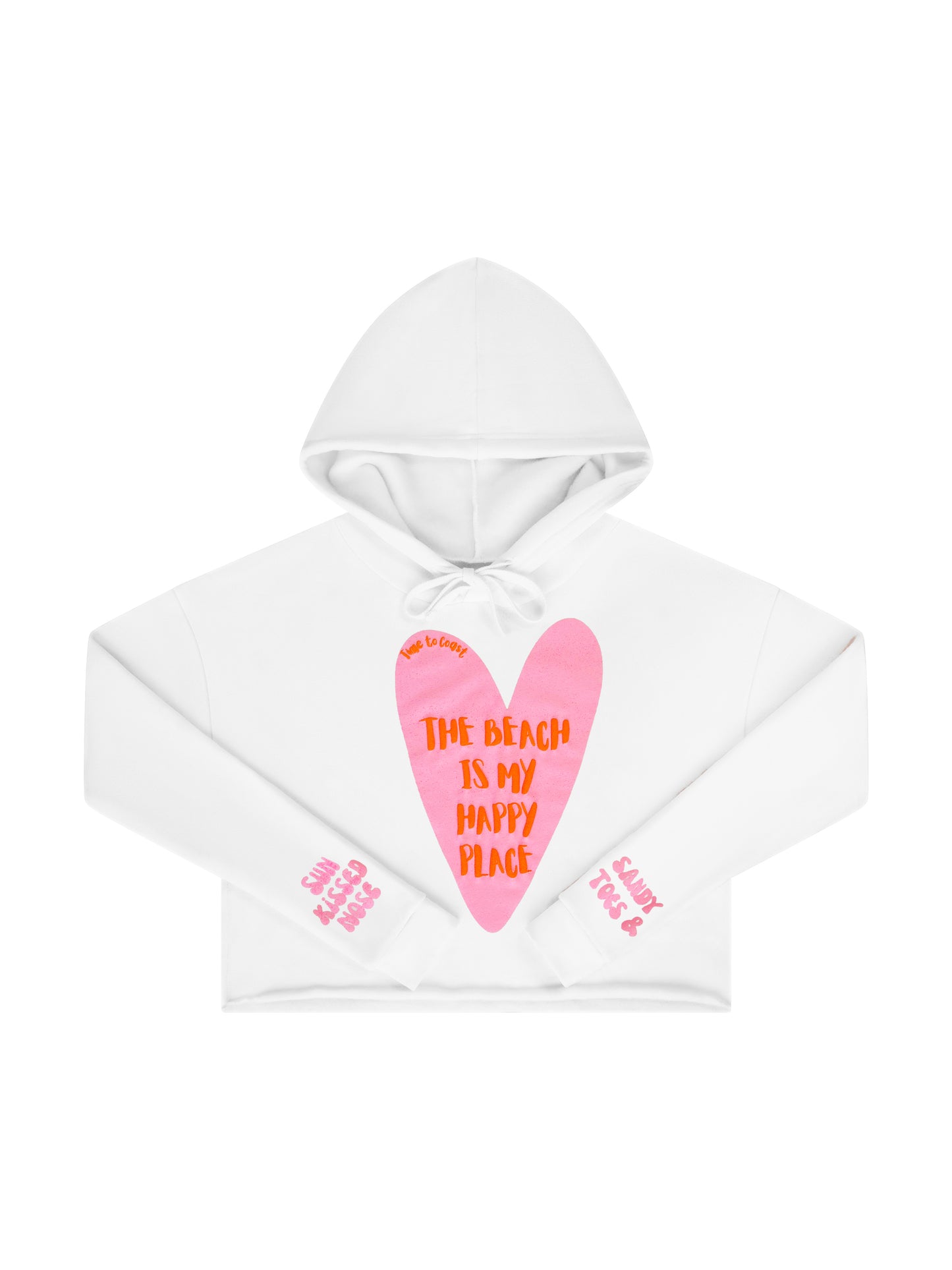 Laydown of a Florida Fleece White Cropped Hoodie Graphic Top, with the hood up.  Graphic is the Time to Coast Heart, Beach is my happy place slogan.  Heart is pink and slogan is red.  Sleeves have pink  words of sandy toes & sun kissed nose. 