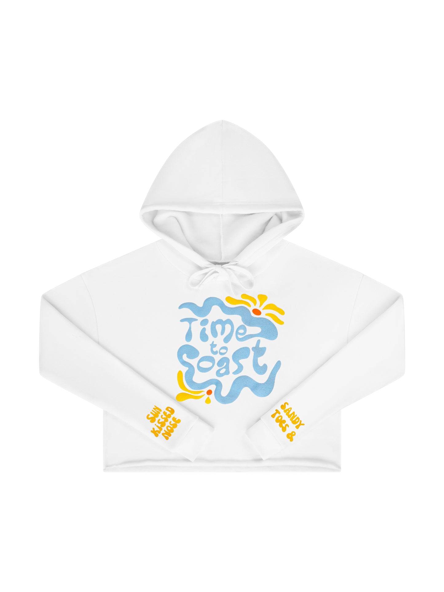 Laydown of a Florida Fleece White Cropped Hoodie Graphic Top.  Graphic is the Time to Coast Hippy Wave in light blue and yellow.  Both sleeves have yellow words of sandy toes &  nose.