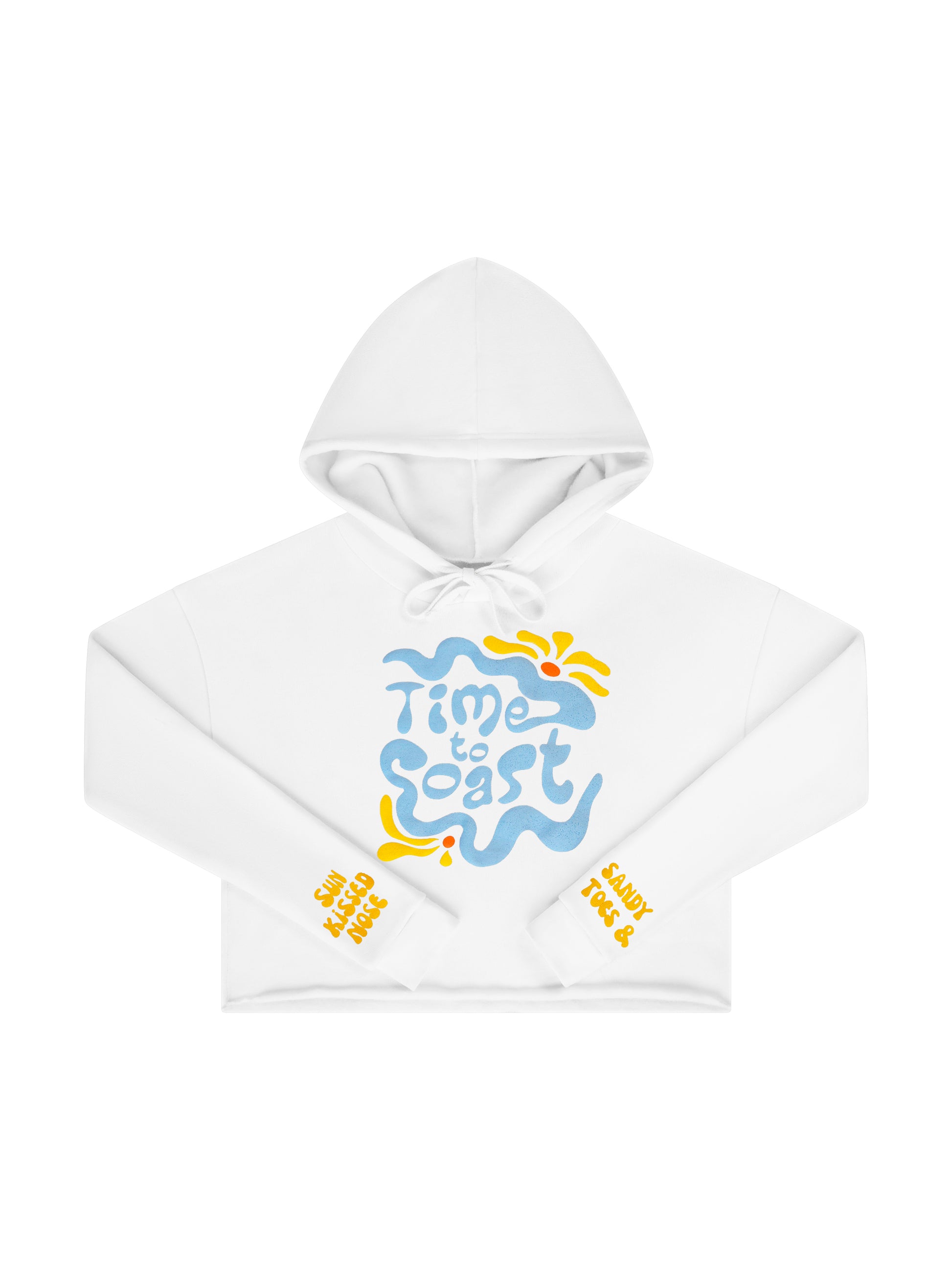 Laydown of a Florida Fleece White Cropped Hoodie Graphic Top.  Graphic is the Time to Coast Hippy Wave in light blue and yellow.  Both sleeves have yellow words of sandy toes &  nose.