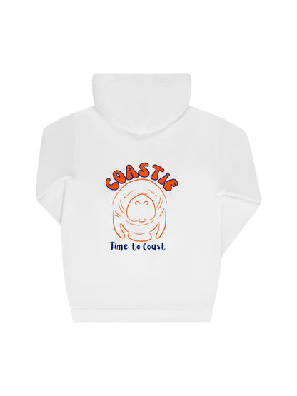 Laydown of the White Florida Fleece Zip Front Hoodie.  The Coastie Manatee graphic, white manatee and orange. Large graphic on back with small left chest graphic.  One sleeve has the words where summer never ends.