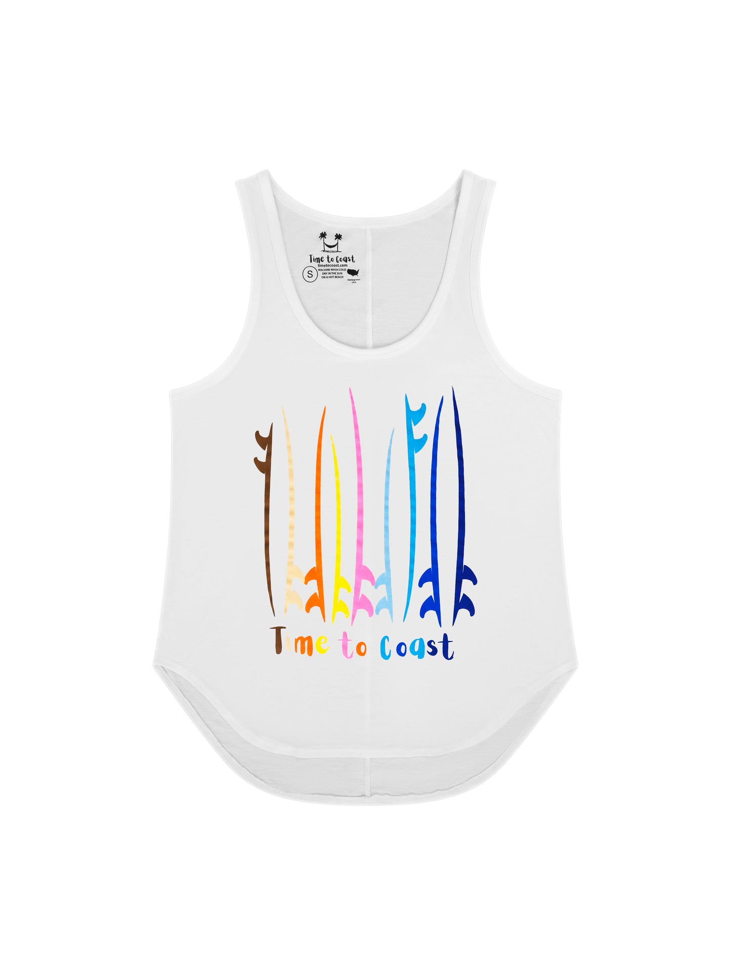 Laydown of  a white Time to Coast Palm Cloth Board meeting graphic tank top. Boards are surf and sup boards in bright colors.