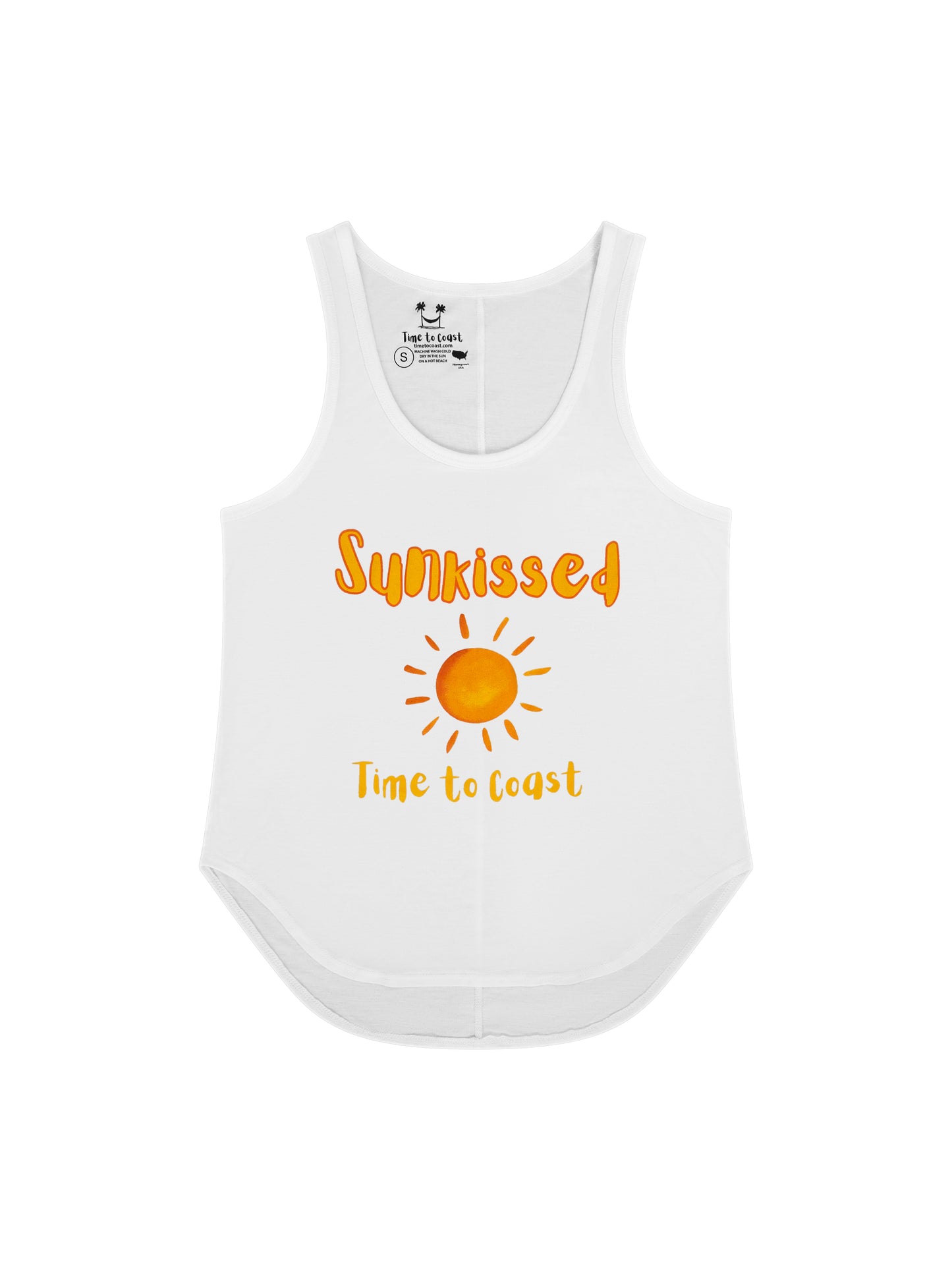 Laydown of a white Time to Coast Palm Cloth Sunkissed Sun graphic tank top. Graphic color is orange. 