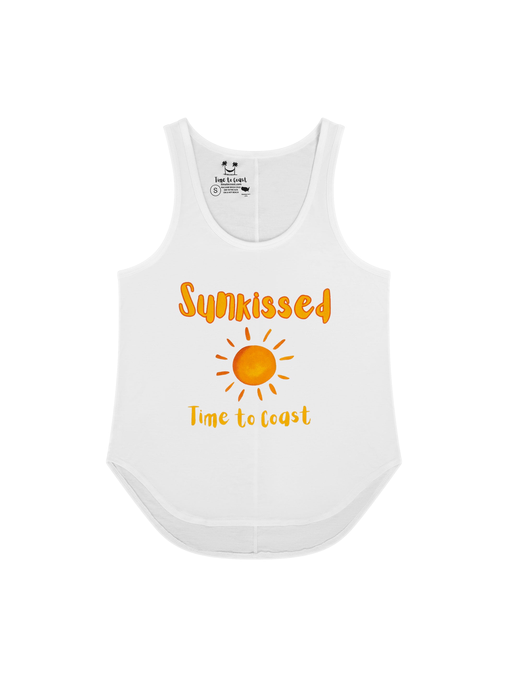 Laydown of a white Time to Coast Palm Cloth Sunkissed Sun graphic tank top. Graphic color is orange. 