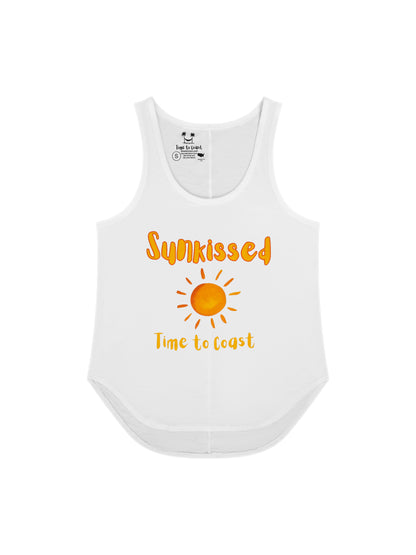 Laydown of a white Time to Coast Palm Cloth Sunkissed Sun graphic tank top. Graphic color is orange. 