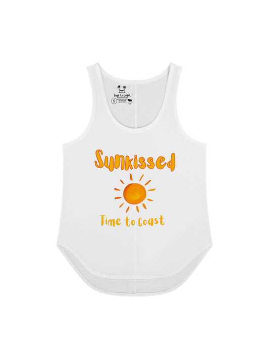 Laydown of a white Time to Coast Palm Cloth Sunkissed Sun graphic tank top. Graphic color is orange. 