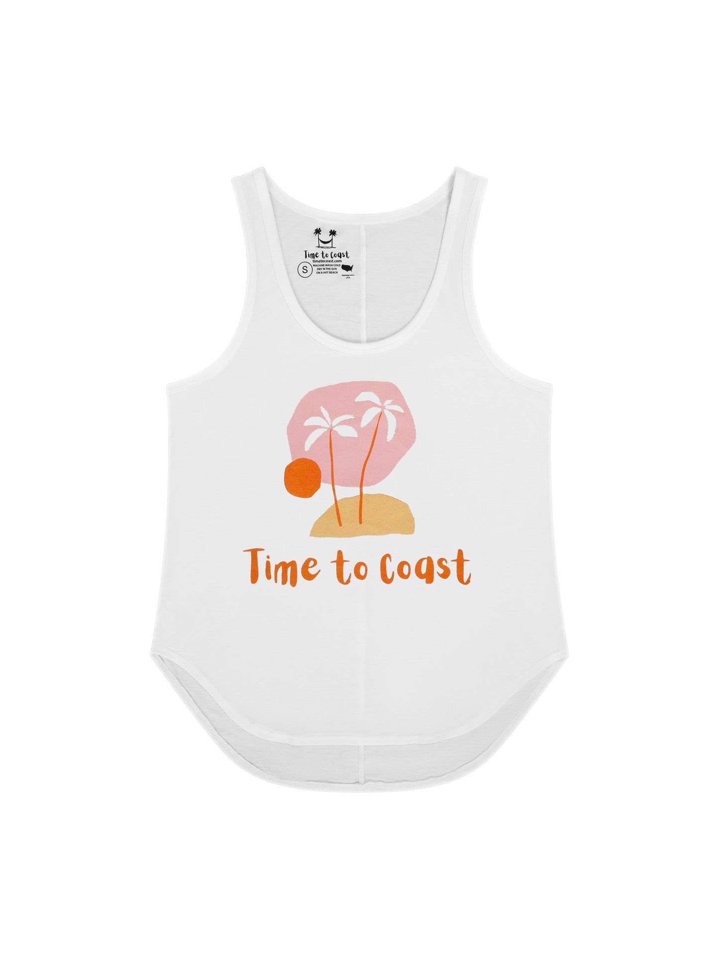 Laydown of a white Time to Coast Palm Cloth My little island graphic tank top. Graphic is soft colors of pink, yellow and orange.