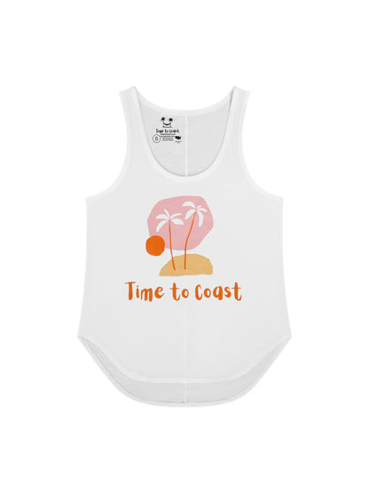 Laydown of a white Time to Coast Palm Cloth My little island graphic tank top. Graphic is soft colors of pink, yellow and orange.