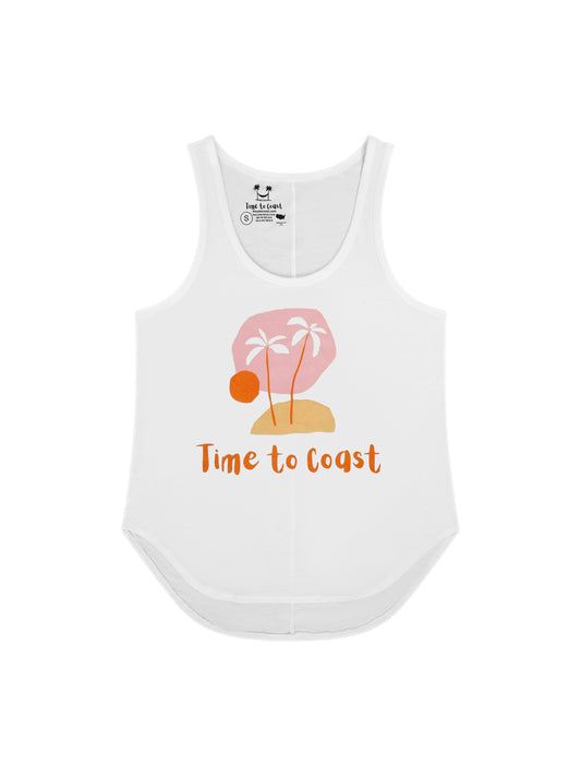 Laydown of a white Time to Coast Palm Cloth My little island graphic tank top. Graphic is soft colors of pink, yellow and orange.