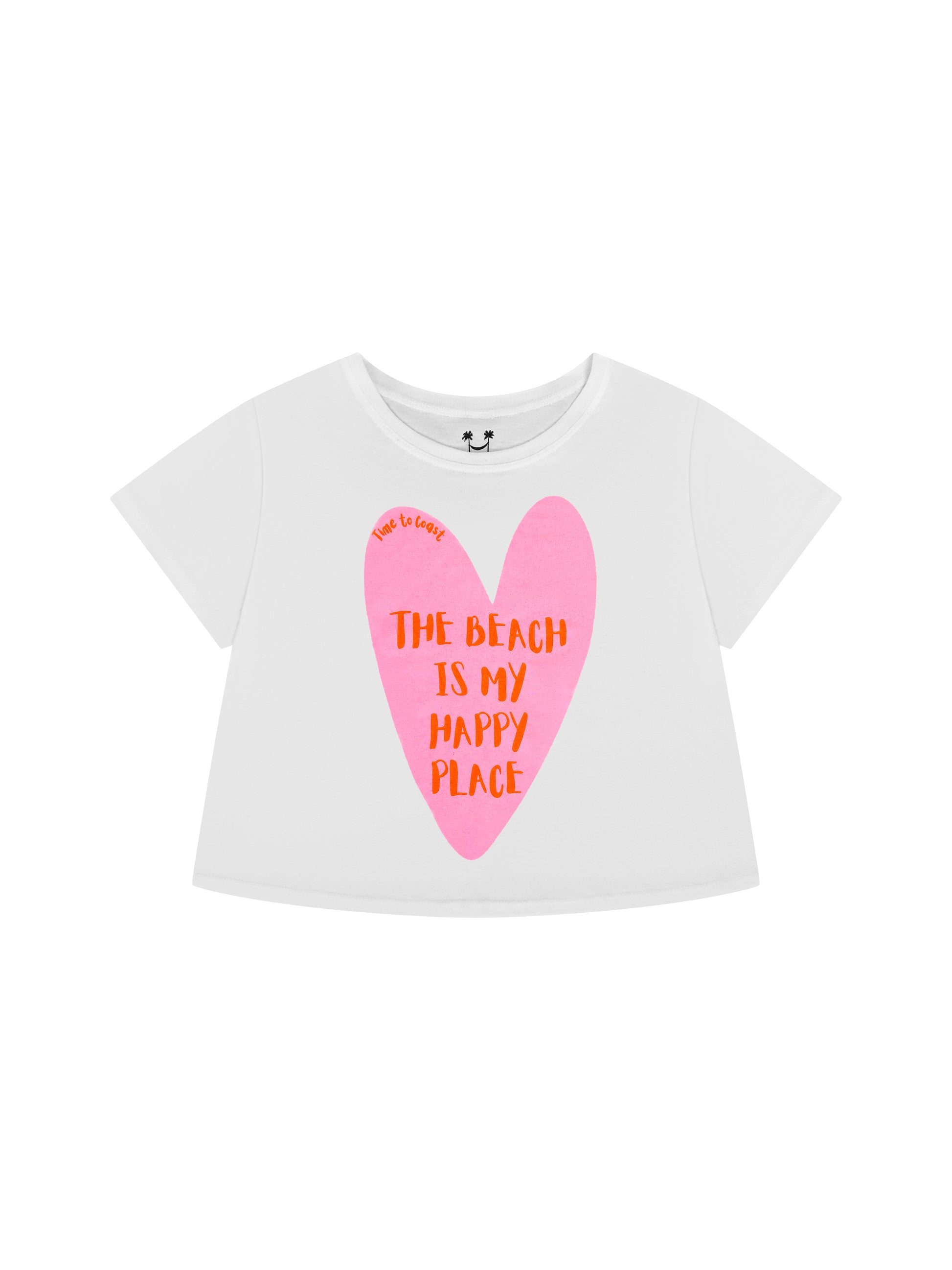 Laydown of a white Time to Coast Palm Cloth crop tee. Graphic is a heart with beach is my happy place slogan. Heart color is pink with red wording. 