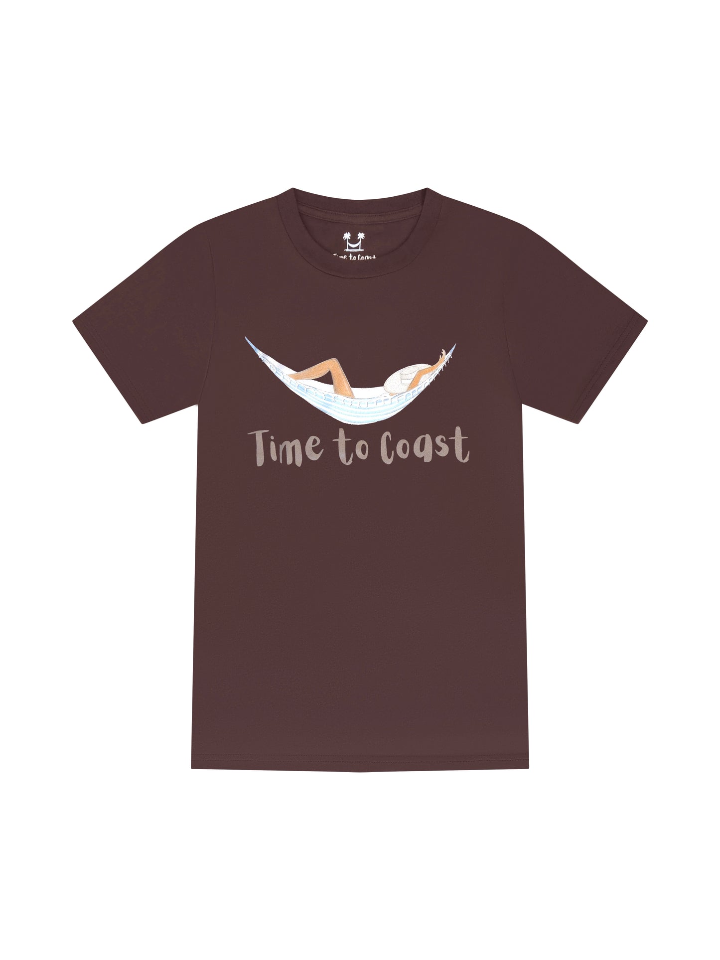 Bark or brown laydown of  a woman's  t-shirt in organic cotton made in USA. Homegrown t-shirt with a large front graphic of a woman in a hammock, just chillin and a Time to Coast Logo. 