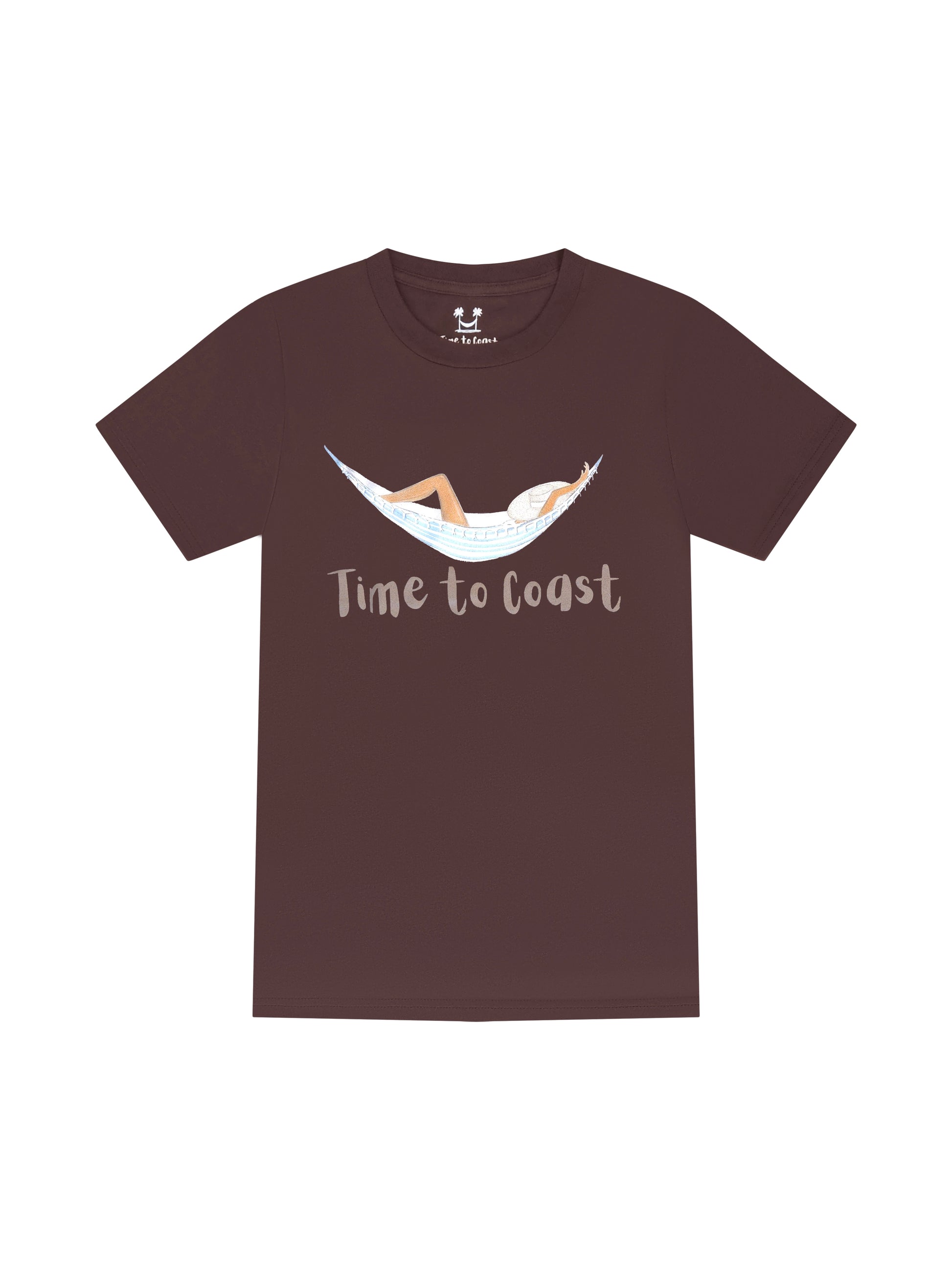 Bark or brown laydown of  a woman's  t-shirt in organic cotton made in USA. Homegrown t-shirt with a large front graphic of a woman in a hammock, just chillin and a Time to Coast Logo. 