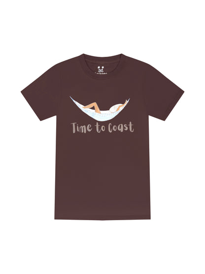 Bark or brown laydown of  a woman's  t-shirt in organic cotton made in USA. Homegrown t-shirt with a large front graphic of a woman in a hammock, just chillin and a Time to Coast Logo. 