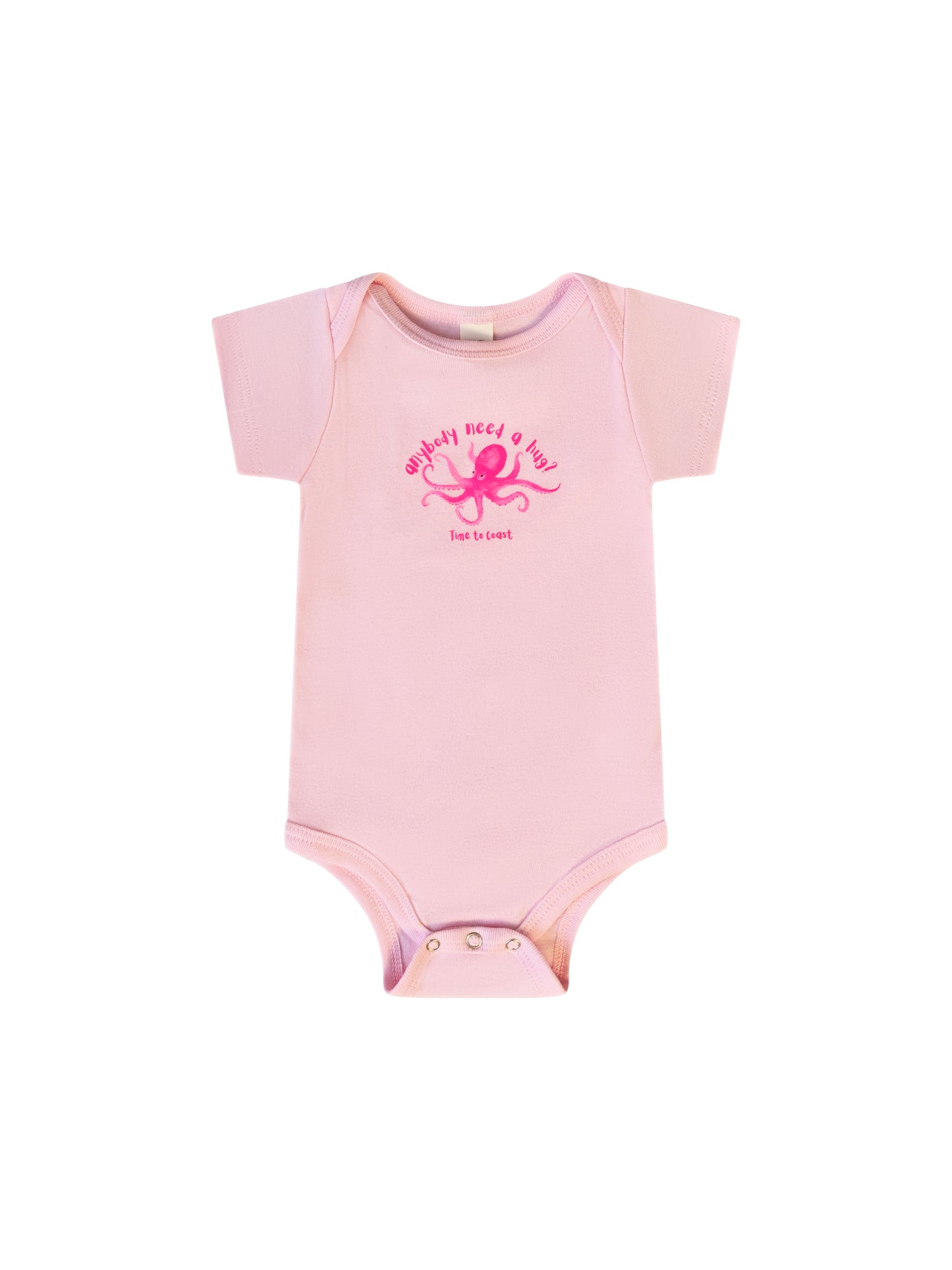 Laydown of a light pink onesie with a Time to Coast playful octopus in hot pink. Slogan says anyone need a hug, also in hot pink. 