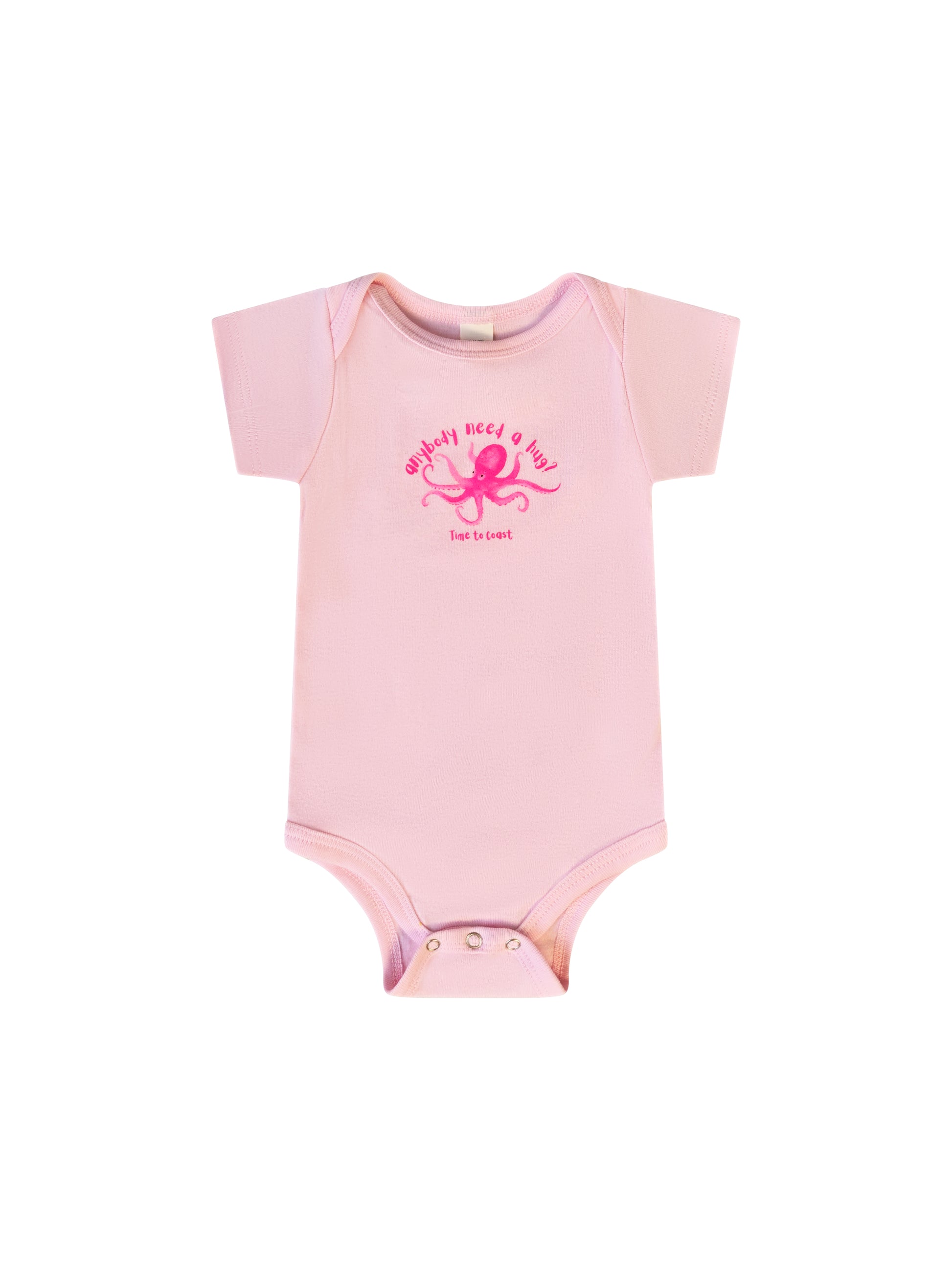 Laydown of a light pink onesie with a Time to Coast playful octopus in hot pink. Slogan says anyone need a hug, also in hot pink. 