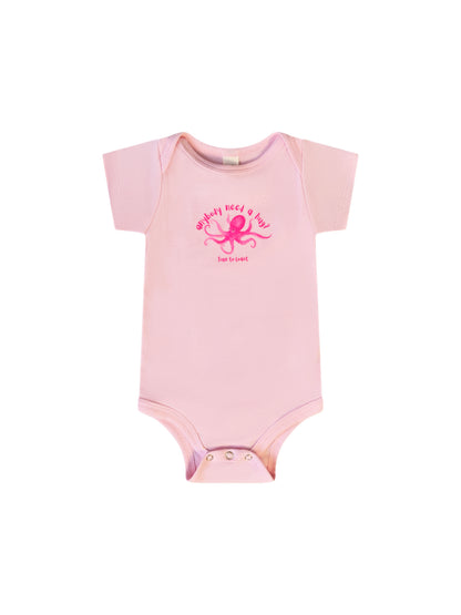 Laydown of a light pink onesie with a Time to Coast playful octopus in hot pink. Slogan says anyone need a hug, also in hot pink. 