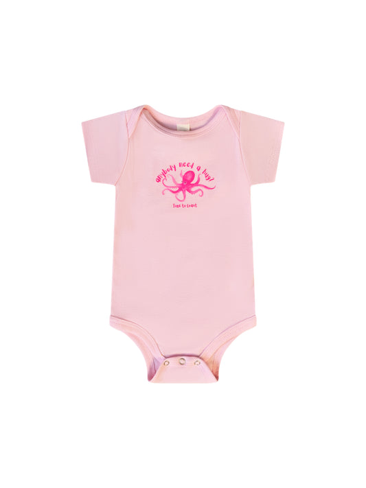 Laydown of a light pink onesie with a Time to Coast playful octopus in hot pink. Slogan says anyone need a hug, also in hot pink. 