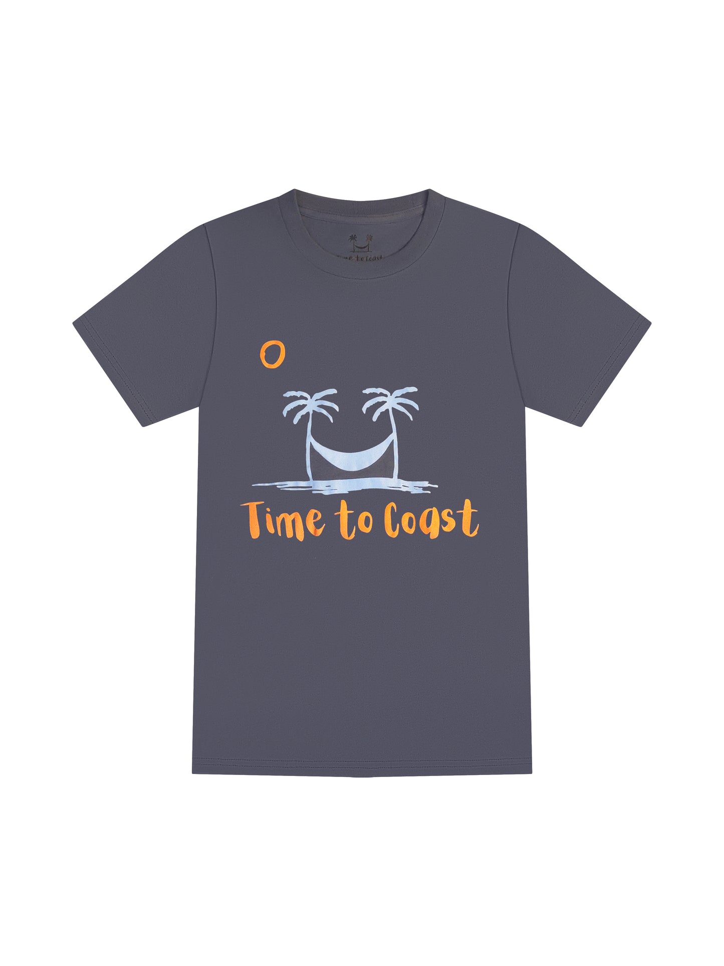 laydown of a gray blue color unisex  graphic  t-shirt in organic cotton made in USA. Homegrown t-shirt with large front chest beach graphic with tonal colored palm tees a hammock and sun.