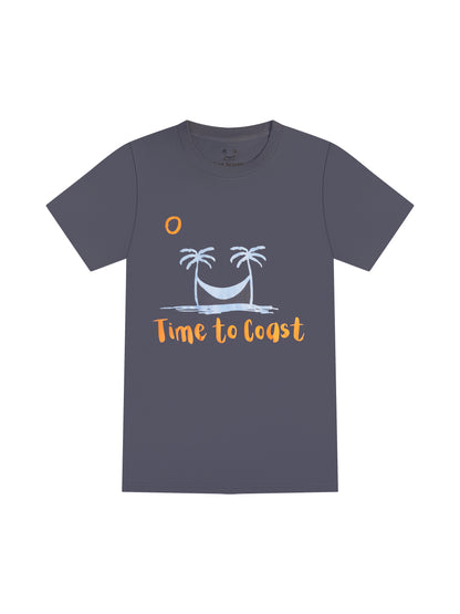 laydown of a gray blue color unisex  graphic  t-shirt in organic cotton made in USA. Homegrown t-shirt with large front chest beach graphic with tonal colored palm tees a hammock and sun.