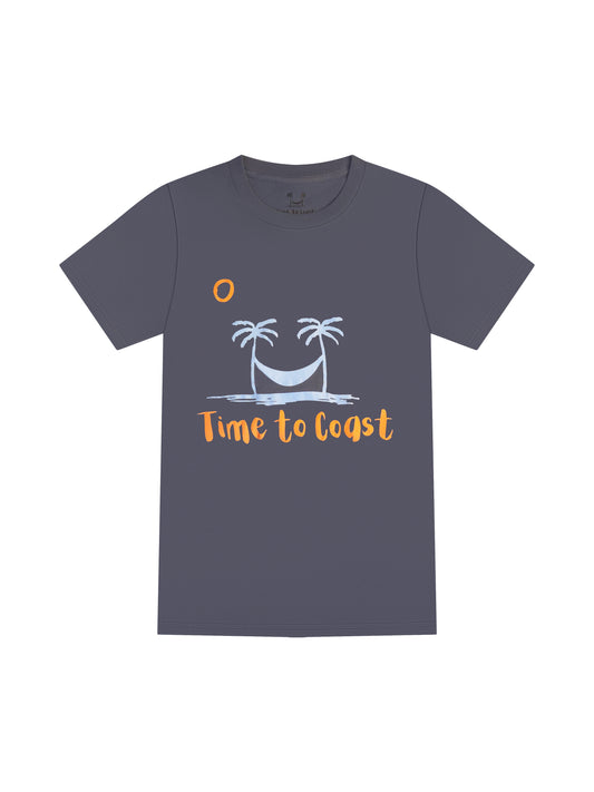 laydown of a gray blue color unisex  graphic  t-shirt in organic cotton made in USA. Homegrown t-shirt with large front chest beach graphic with tonal colored palm tees a hammock and sun.