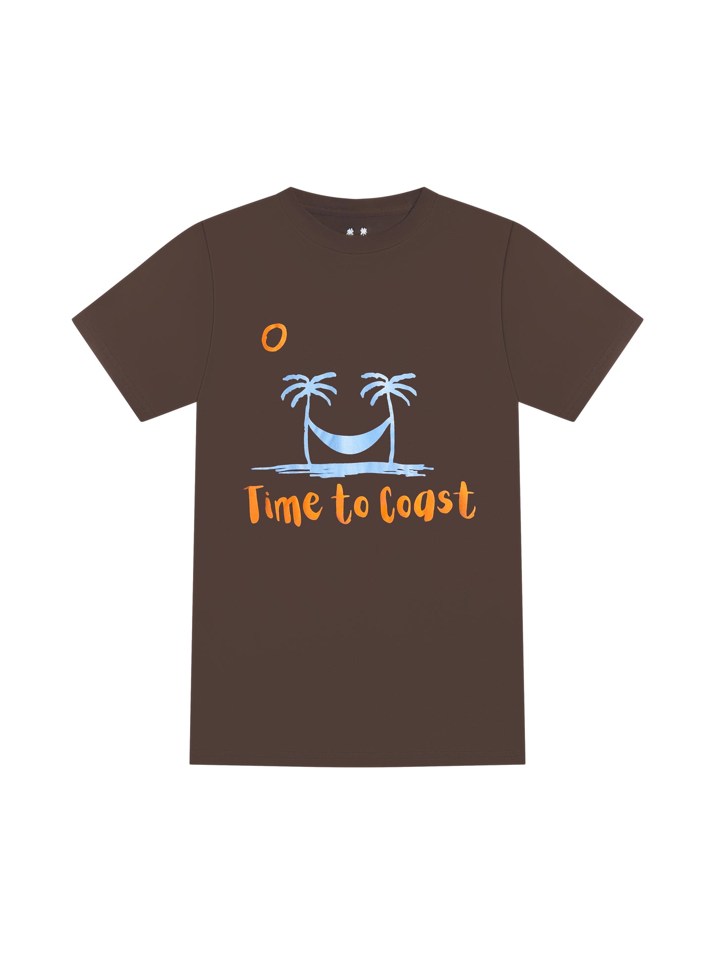 laydown of a bark or brown color unisex  graphic  t-shirt in organic cotton made in USA. Homegrown t-shirt with large front chest beach graphic with light blue colored palm tees a hammock. Orange sun and Time to Coast Logo.
