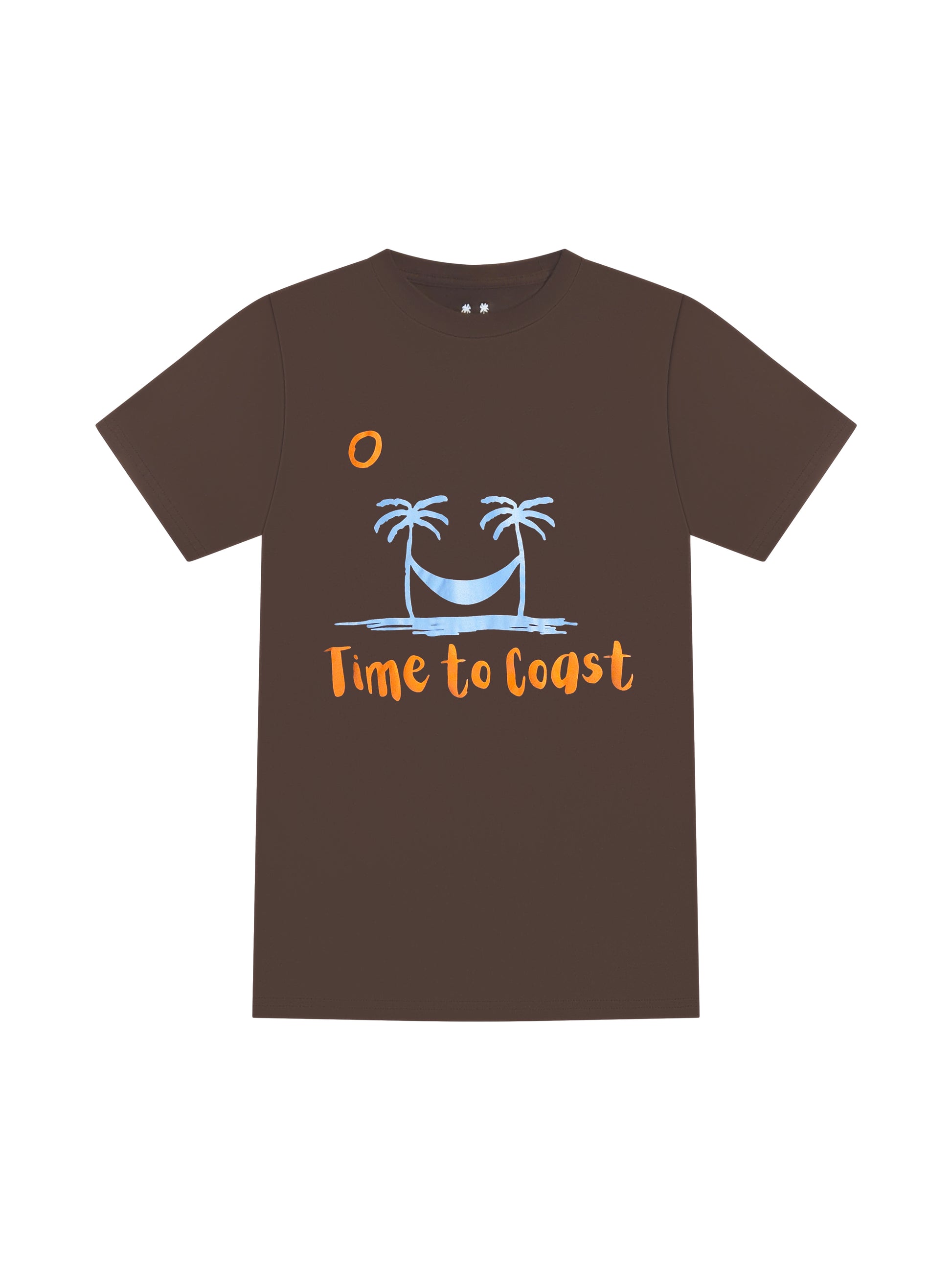 laydown of a bark or brown color unisex  graphic  t-shirt in organic cotton made in USA. Homegrown t-shirt with large front chest beach graphic with light blue colored palm tees a hammock. Orange sun and Time to Coast Logo.