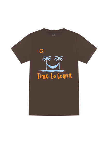 laydown of a bark or brown color unisex  graphic  t-shirt in organic cotton made in USA. Homegrown t-shirt with large front chest beach graphic with light blue colored palm tees a hammock. Orange sun and Time to Coast Logo.