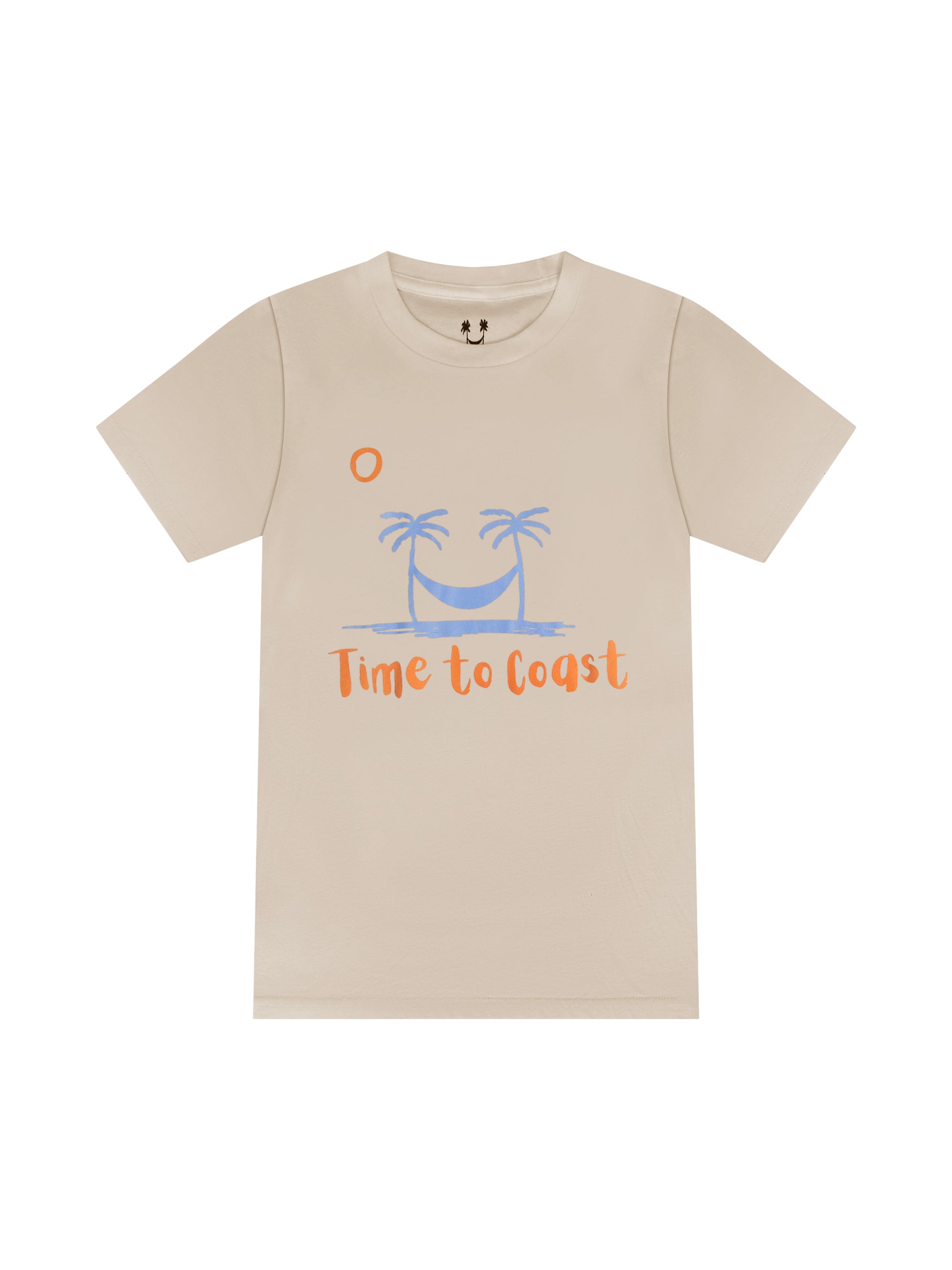 laydown of a creme color unisex  graphic  t-shirt in organic cotton made in USA. Homegrown t-shirt with large front chest beach graphic with light blue colored palm tees a hammock. Orange sun and Time to Coast Logo.