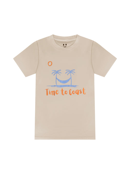 laydown of a creme color unisex  graphic  t-shirt in organic cotton made in USA. Homegrown t-shirt with large front chest beach graphic with light blue colored palm tees a hammock. Orange sun and Time to Coast Logo.