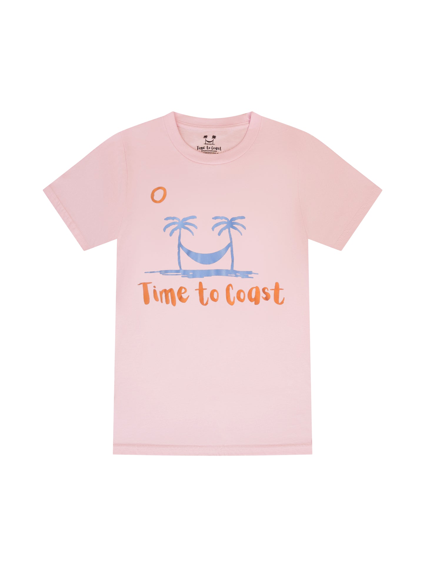 laydown of a gray blue color unisex  graphic  t-shirt in organic cotton made in USA. Homegrown t-shirt with large front chest beach graphic with light blue colored palm tees a hammock, orange sun and Time to Coast Logo.
