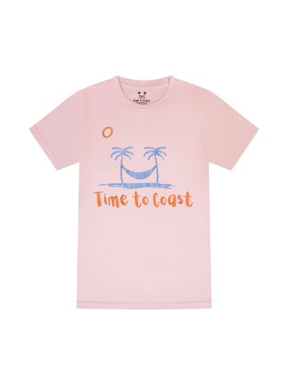 laydown of a gray blue color unisex  graphic  t-shirt in organic cotton made in USA. Homegrown t-shirt with large front chest beach graphic with light blue colored palm tees a hammock, orange sun and Time to Coast Logo.