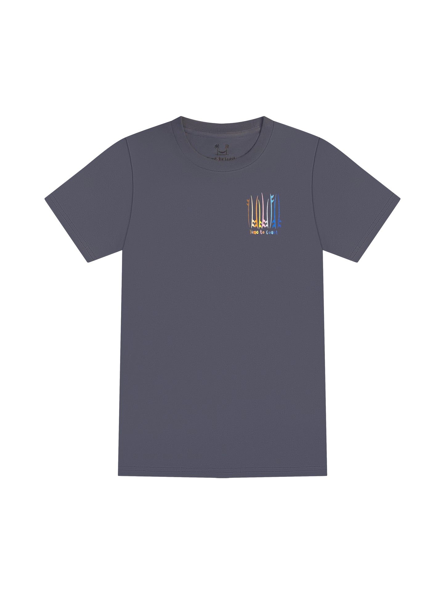 Gray blue laydown of a unisex  graphic  t-shirt in organic cotton made in USA. Homegrown t-shirt shown with left chest graphic multi color surf and sup boards with Time to Coast Logo.  